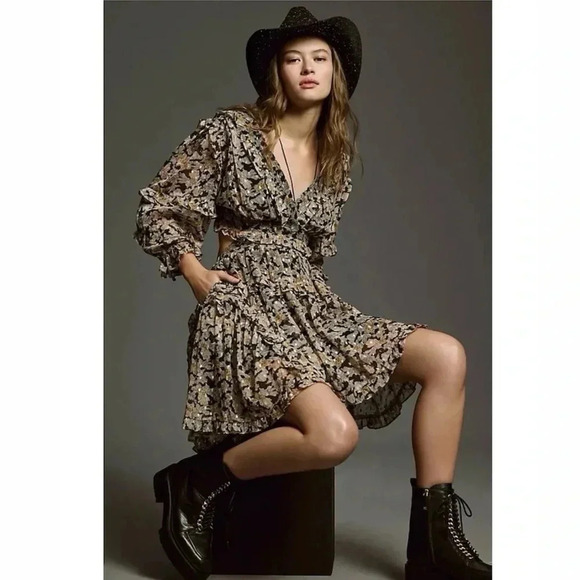 Anthropologie Floral Ruffle Cutout Boho Mini Dress Size Small - Picture 2 of 5